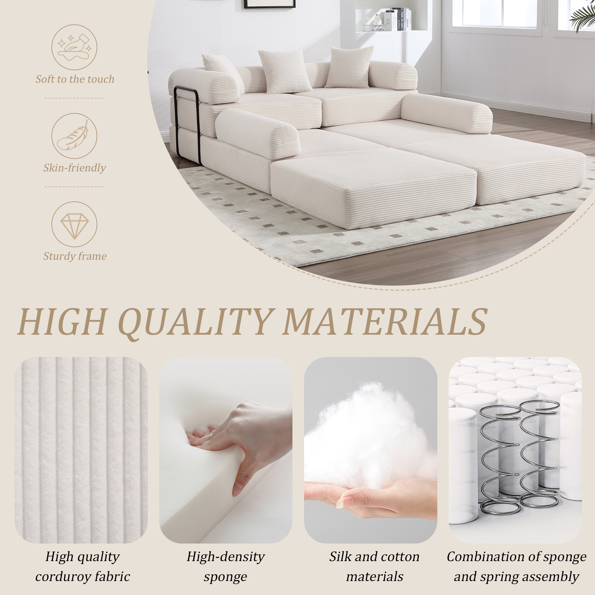MOONMISS Corduroy Upholstered Convertible Folding Sofa Bed with Fixed Frame and Pillow Back Handrail-Beige