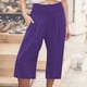 thumbnail image 2 of Pantalones capri casuales con cintura elástica y efecto lino para mujer - Pantalones deportivos de color liso con tejido crepé lavado para un uso diario cómodo, 2 of 5