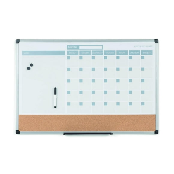 MasterVision Magnetic Dry Erase Monthly Calendar Planner Push Pin Corkboard Combo with Marker Tray, 18" x 24", Gray Plastic Frame