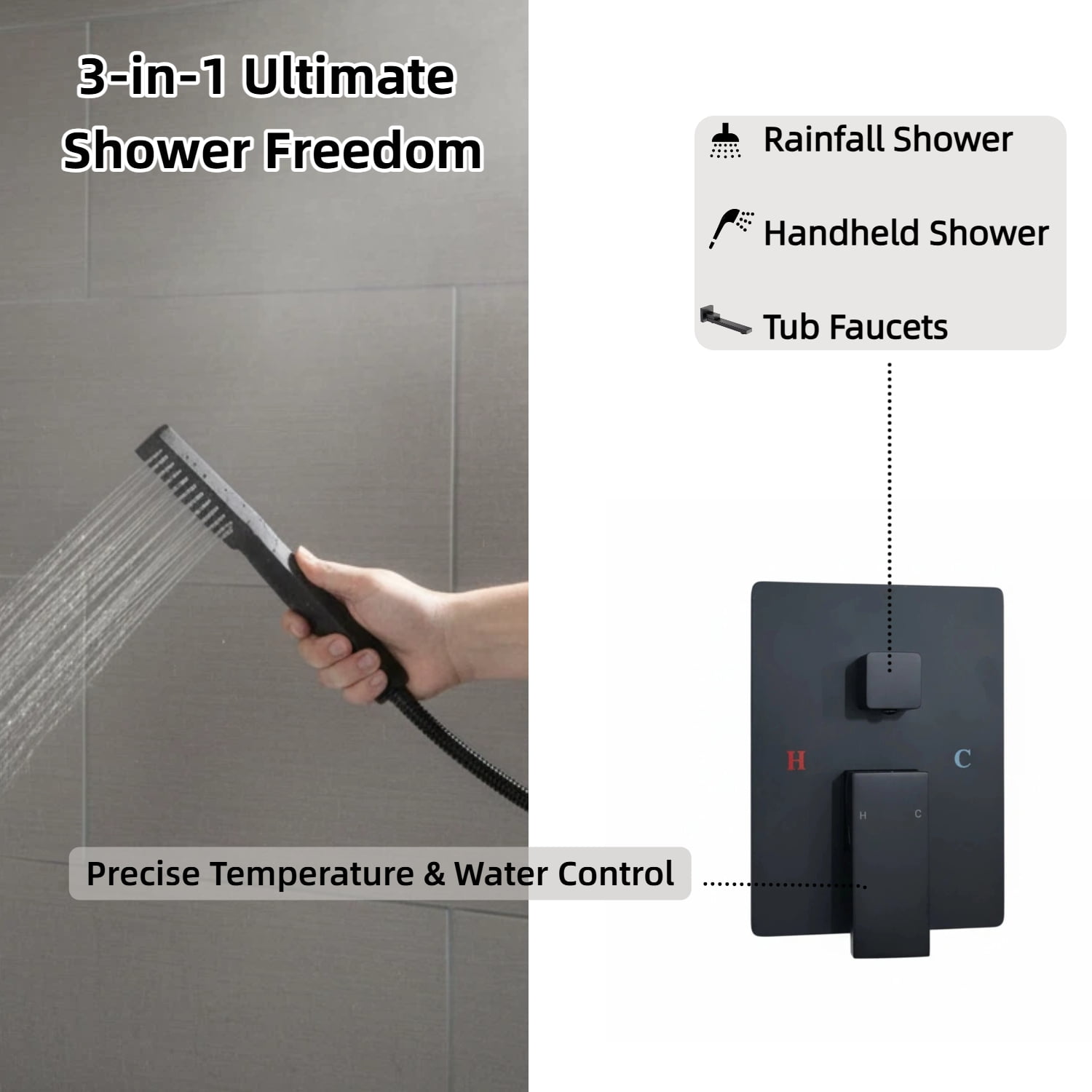 ROOMISLAND Shower System with Tub Spout Wall Mounted Rain Shower Head and Handle Combo Shower Faucet Set with Valve, Matte Black