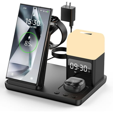 Totoe 6 in 1 wireless charger for Samsung/Android charger watch charger with alarm clock night light.(Black)