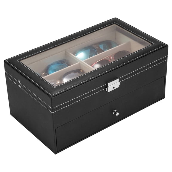 Leather 12-Slot Lockable Sunglasses Storage Case, Eyeglasses Display Drawer Organizer, Black