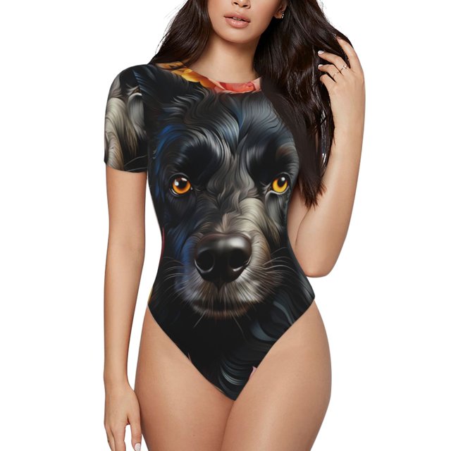 Saiise Motif Floral Coloré Chien Noir Grenouillère à Manches Courtes Col Rond Pyjama Extensible avec Fermeture à Pression-Moyen