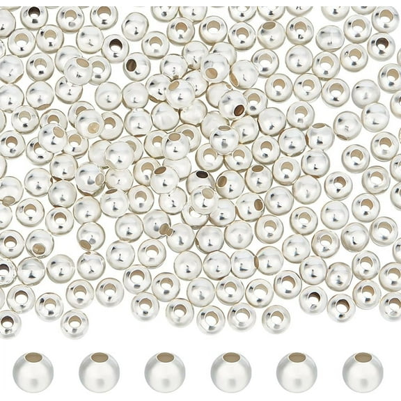 1 Box 260Pcs 4mm Spacer Beads 925 Sterling Silver Plated Smooth Round Large Hole Loose Ball Beads