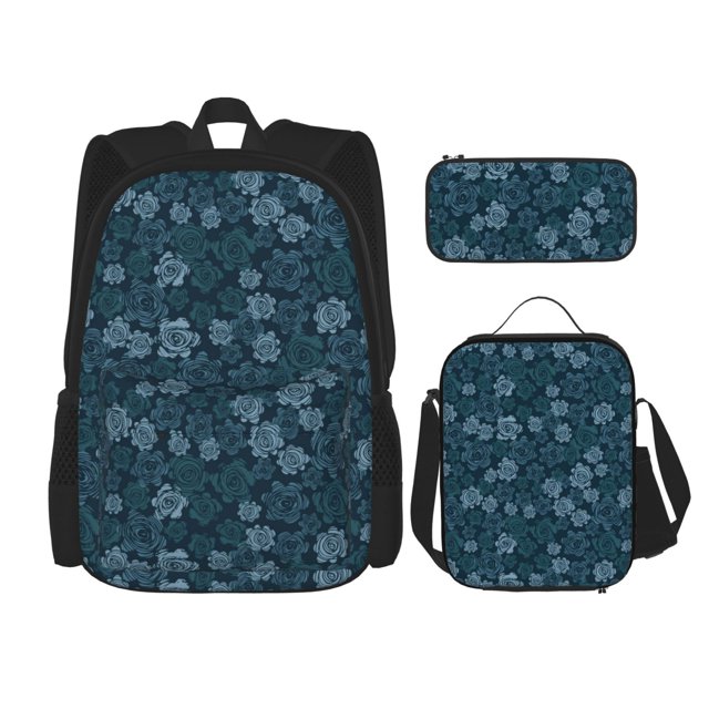 Disketp Rose Flowers Mochila Estampada de Gran Capacidad con Lonchera y Estuche, Set de 3 Piezas para Estudiantes