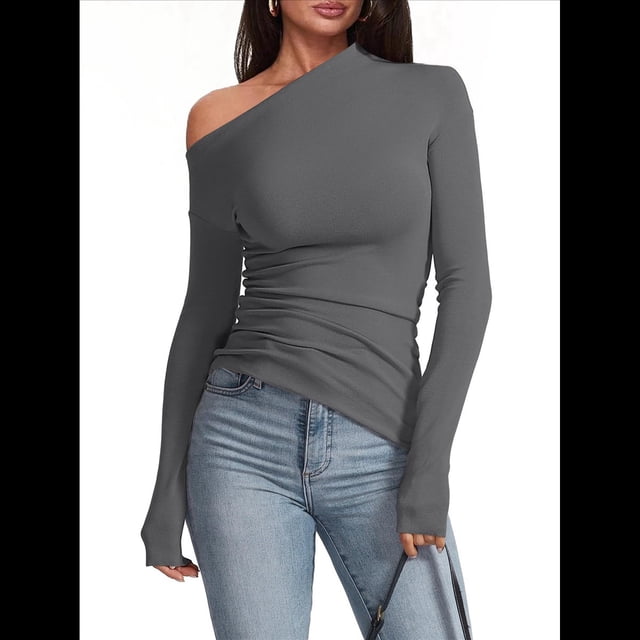 Blusas de Mujer con Hombros Descubiertos, Elegantes, de Larga, Asimétricas, Ajustadas, para Salir, de Otoño, con Frunces. Gris Oscuro XL