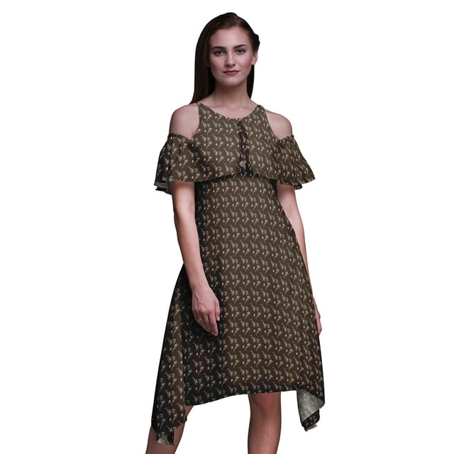 Bimba Robe Droite à Volants Imprimée Florale pour Femmes Épaules Dénudées - Moyen
