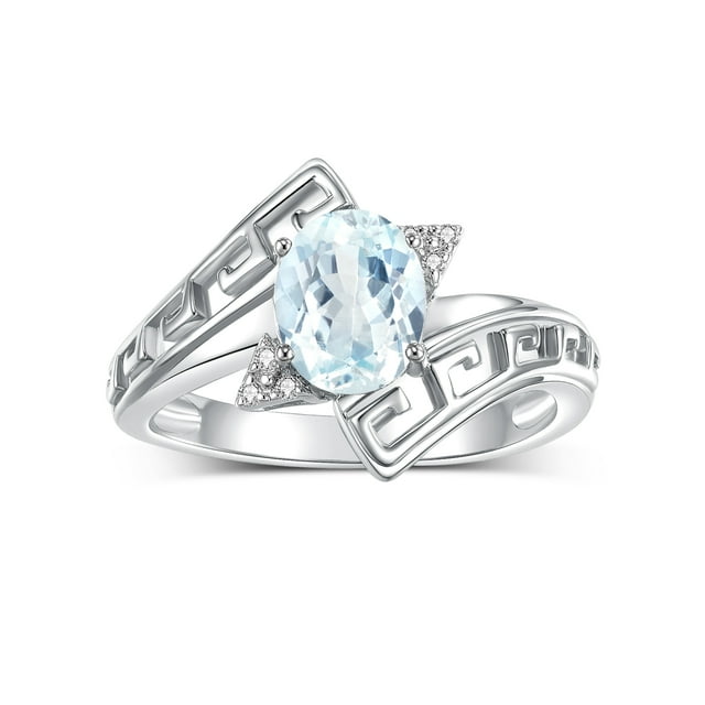 RYLOS Rings for Women 14K White Gold Greek Key Designer Ring 9X7MM Gemstone & Diamond Ring March Aquamarine Jewelry Size 9