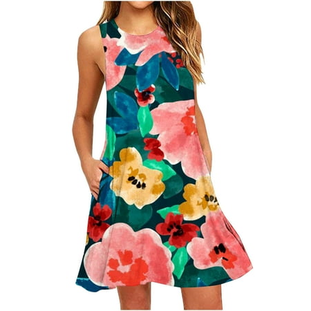 

KBKYBUYZ Women s Summer Stylish Sleeveless Printed Camisole Suspenders Round NeckPullover Dress