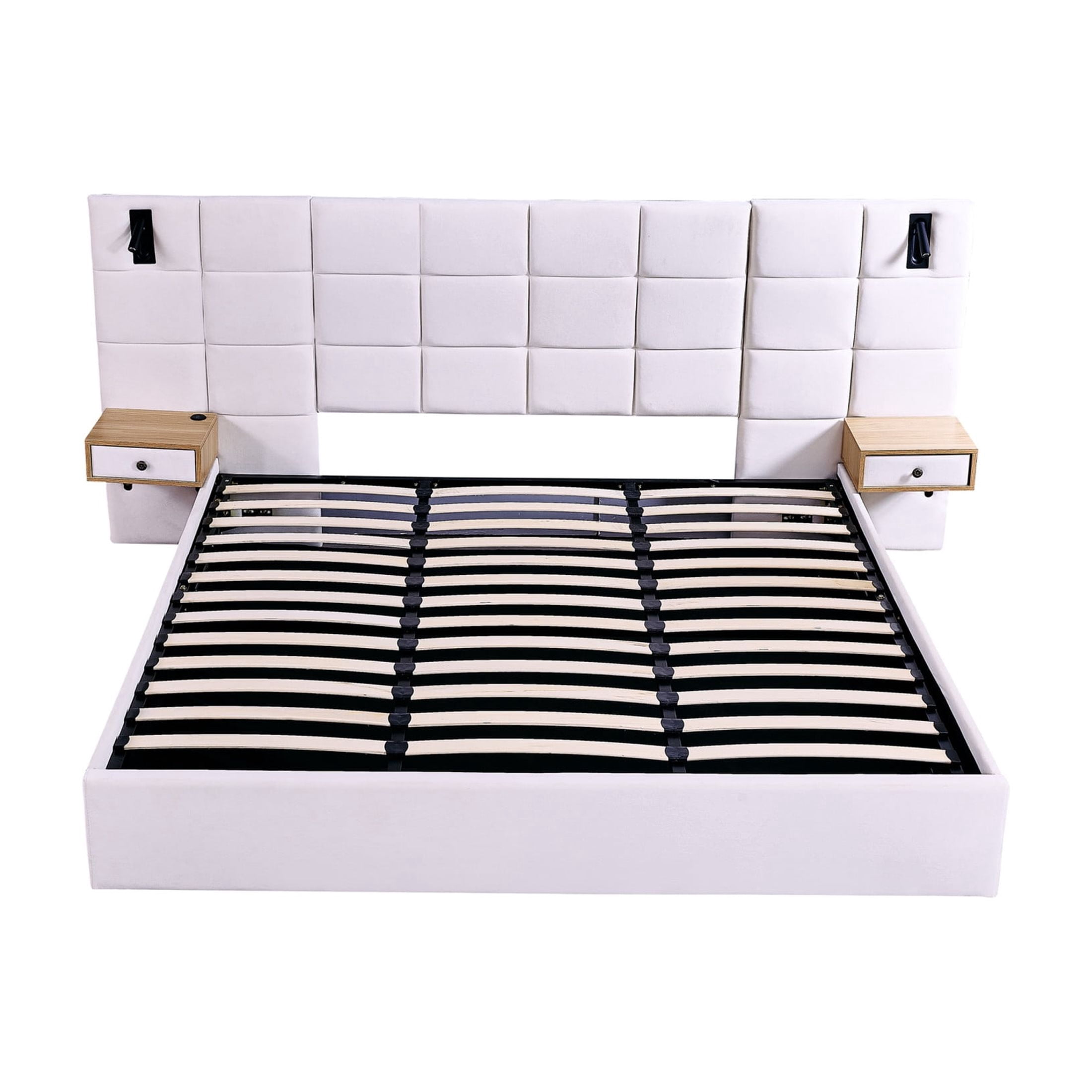 Noble House Derwin King-Size Velvet Storage Bed, Hydraulic Platform Bed Frame with Reading Lamps and USB Port, Beige