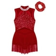 thumbnail image 4 of Alvivi Kids Girls Sequin High Neck Tassel Leotard Latin Jazz Salsa Skating Dress 6-16 Burgundy-A 14, 4 of 7