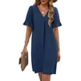 thumbnail image 2 of Summer Dresses for Women Ruffle Short Sleeve V Neck Casual Shift Dress with Pockets Navy Blue S, 2 of 8