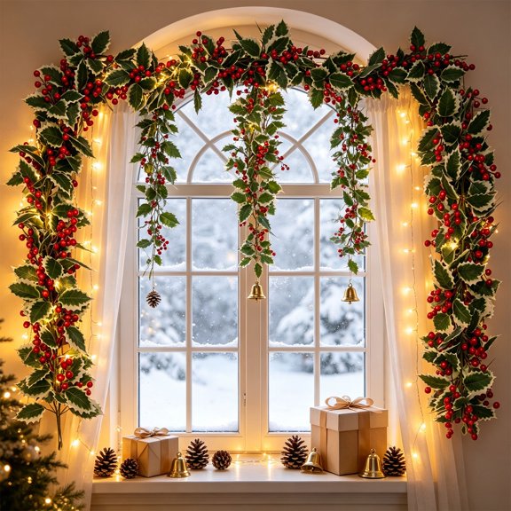 68.9in Red Berry Accent Artificial Christmas Garland, Pine & Imitation Rattan Greenery Vine, Festive Decor for Home Dining Table Window Wall Stair Holiday Decoration