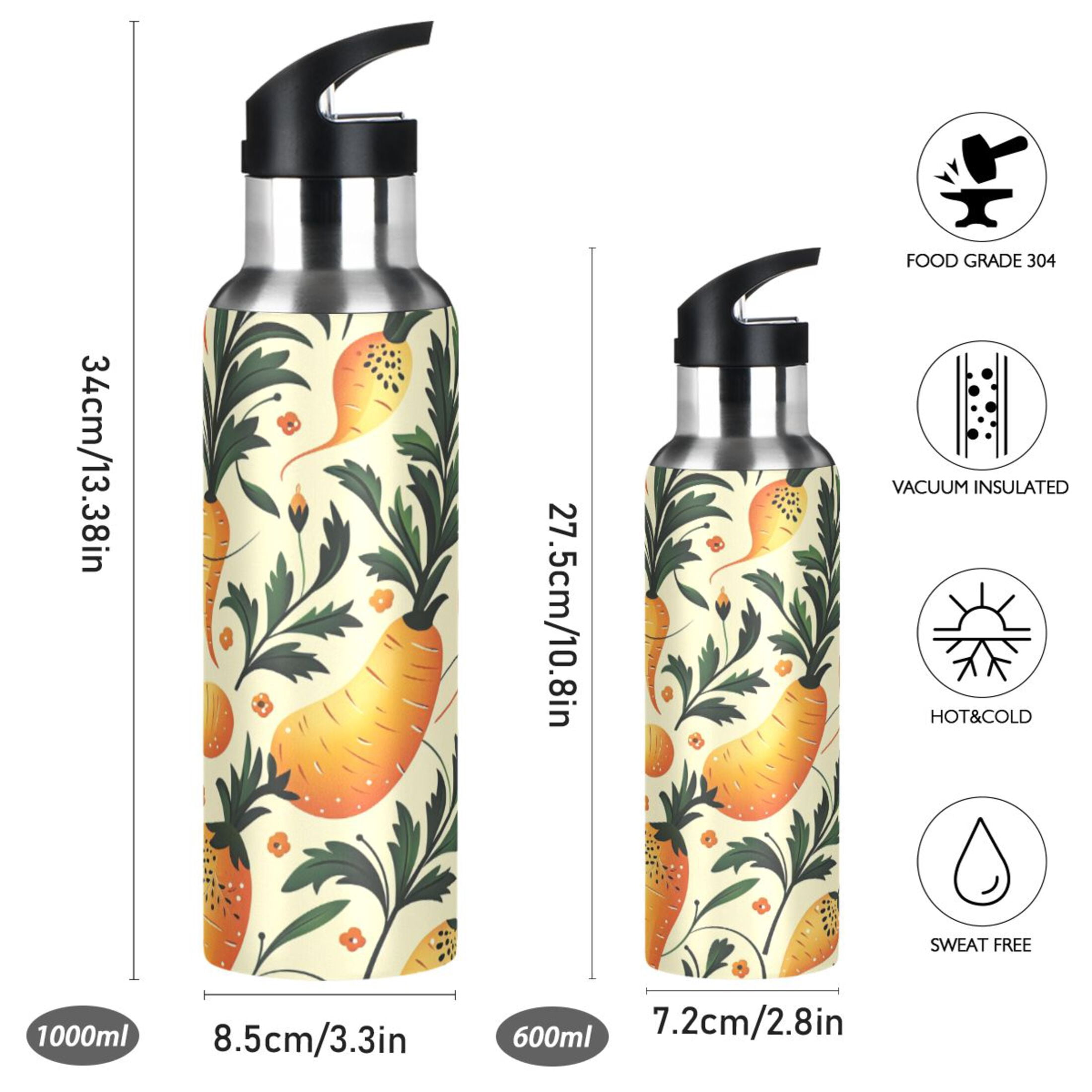 Water Bottles 20oz Straw Lid Wide Mouth Stainless Steel for School Sport Travel Parsnip Folk Art