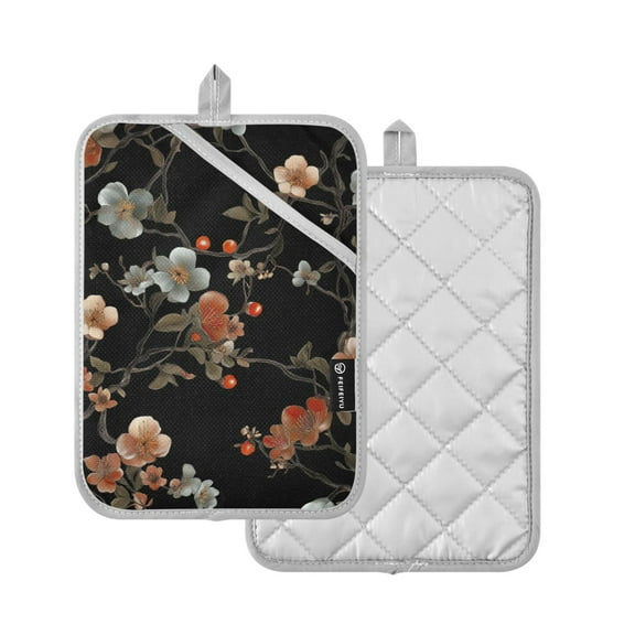 Yayeee Pot Holders Kitchen Heat Resistant with Pocket 7"x9.8" Cotton Oven Cooking Hot Pads, Black Flowers