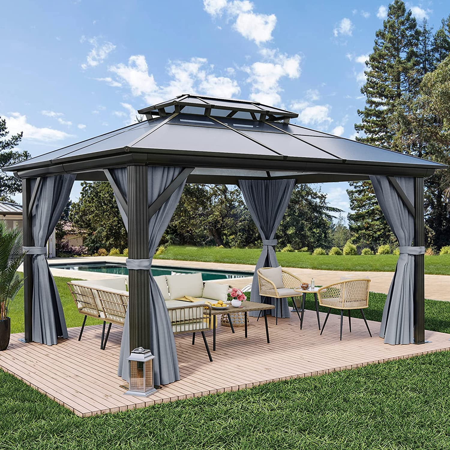 YITAHOME 10x12FT Hard-Top Double Roof Gazebo Canopy Outdoor with ...