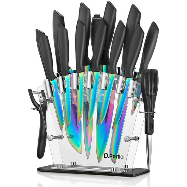 Knife Set, Rainbow Titanium Stainless Steel Knife Set with Acrylic Stand, 16 Pieces Cutlery Set