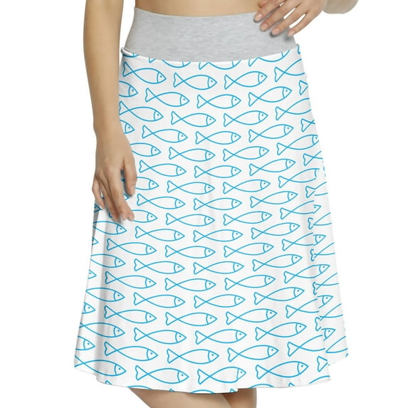 Women's Under The Sea Swimming Fish Marine A-line Printed Skirt Casual Wear, 2XL, Blue White, by Ambesonne