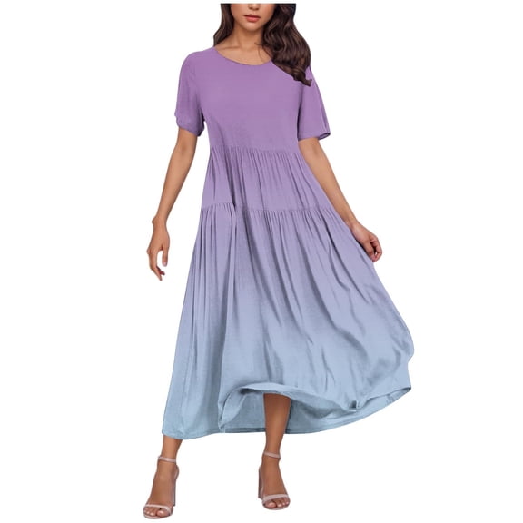 YuXingFu Polka Dot Dress Maxi Crew Neck Plus Size Womens Dress Short Sleeve with Pocket Long Casual Summer Purple S