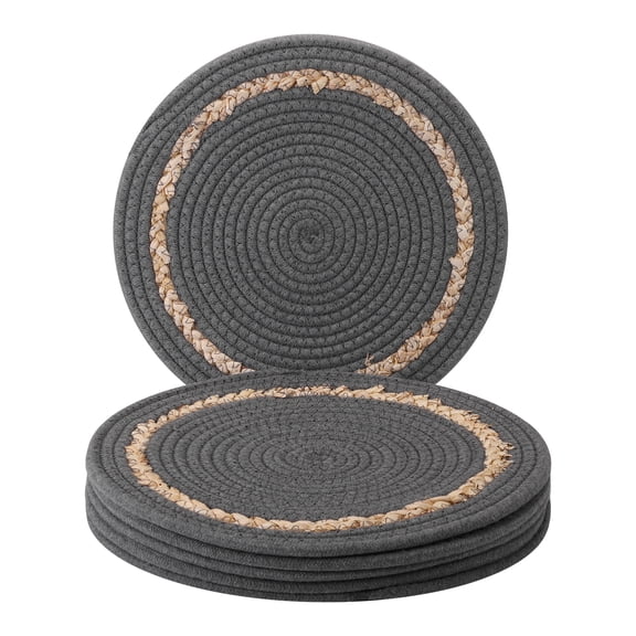 Set of 6 Farmhouse Woven Placemats for Dining Table Decor - Indoor, Washable, Wipeable Kitchen Table Mats Dark Gray 11.8x11.8inch