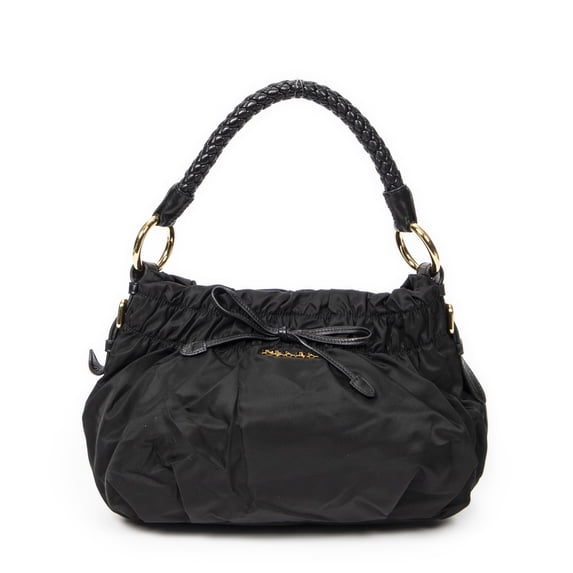 Pre-Owned Prada Black Pleated Bow Hobo Shoulder bag Pleated Nylon Canvas