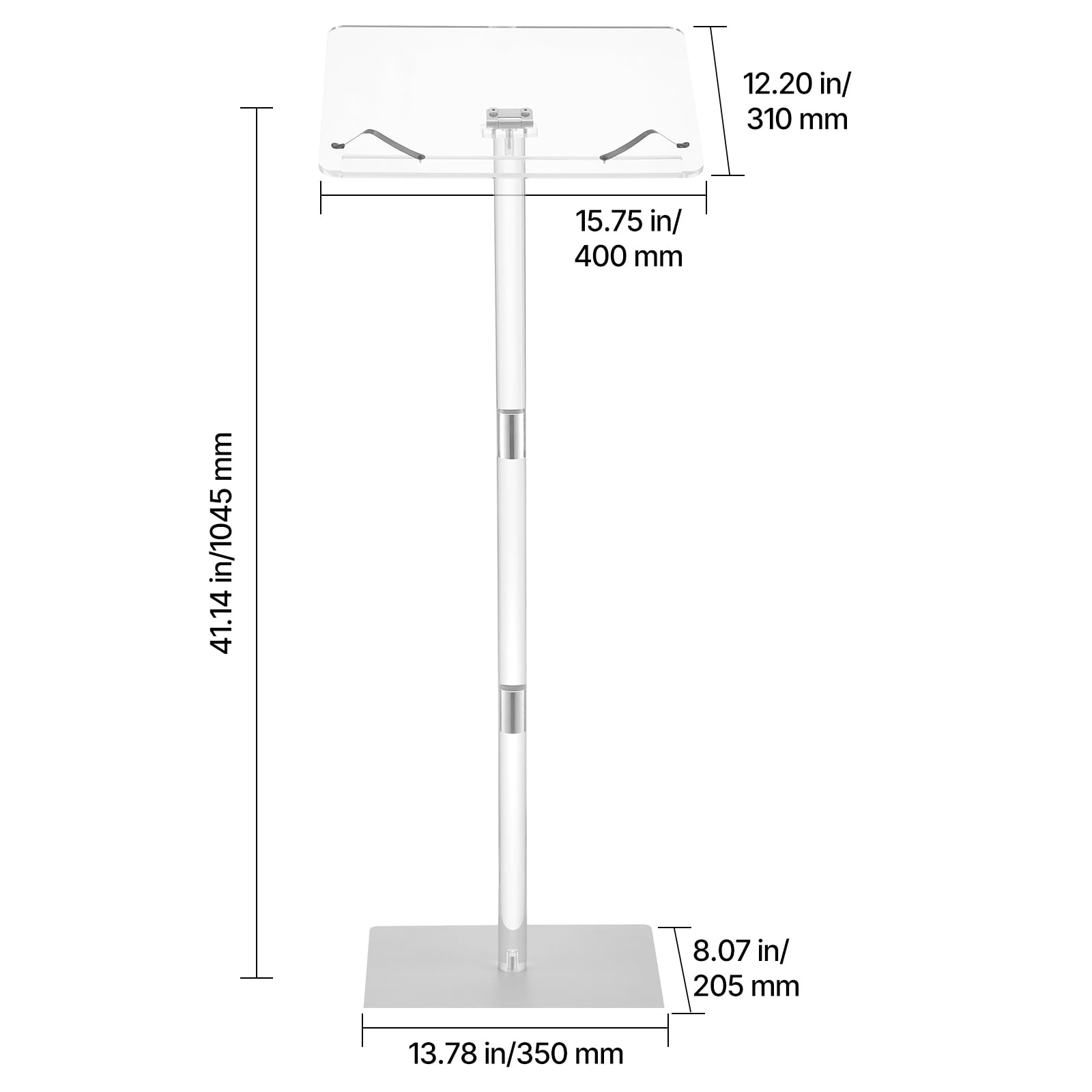 KFFKFF 43-Inch Acrylic Podium Stand, Portable Lectern with Spacious Reading Surface, Book Holders, Adjustable Angle, Floor-Standing Design for Events, Presentations, and Gatherings