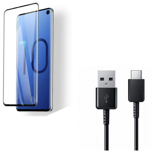 Tempered Glass Screen Protector w Type-C USB Cable for Samsung Galaxy S10 - [Fingerprint Works] 3D Curved Edge Full Cover, OEM Charger Cord Power X2V