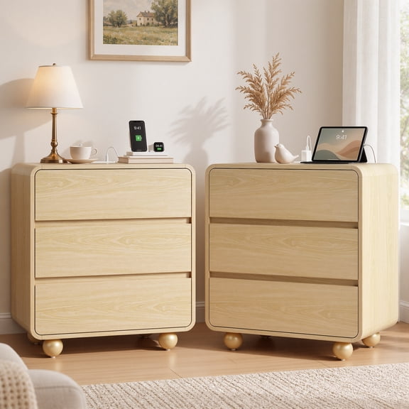 Aufeile Night Stands for Bedroom Set of 2 with Charging Station, Modern Curved Night Stands with 3 Drawers, Bedside Tables, Natural