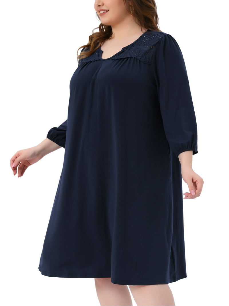Agnes Orinda Women's Plus Size Summer Dress Eyelet Hollow Out Notched Neck 3/4 Sleeve Casual Midi Dress with Pockets 1x Dark Blue
