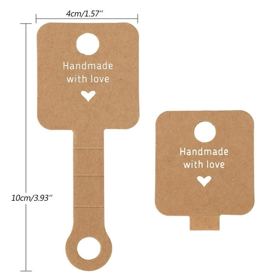100Pcs Self Adhesive Bracelet Display Cards,Kraft Handmade with Love Blank Cards, Jewelry Packaging for Selling, Hanging Display Cards for Jewelry, Bracelet, and Necklace (4“x1.5"）
