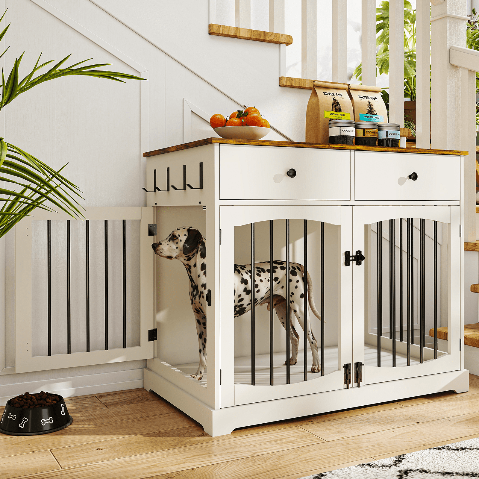 Flictozena 40 Inch Dog Crate Furniture - House Style Wooden Pet Kennel End Table with 2 Doors & Storage Drawers for Indoor Large Dogs, White
