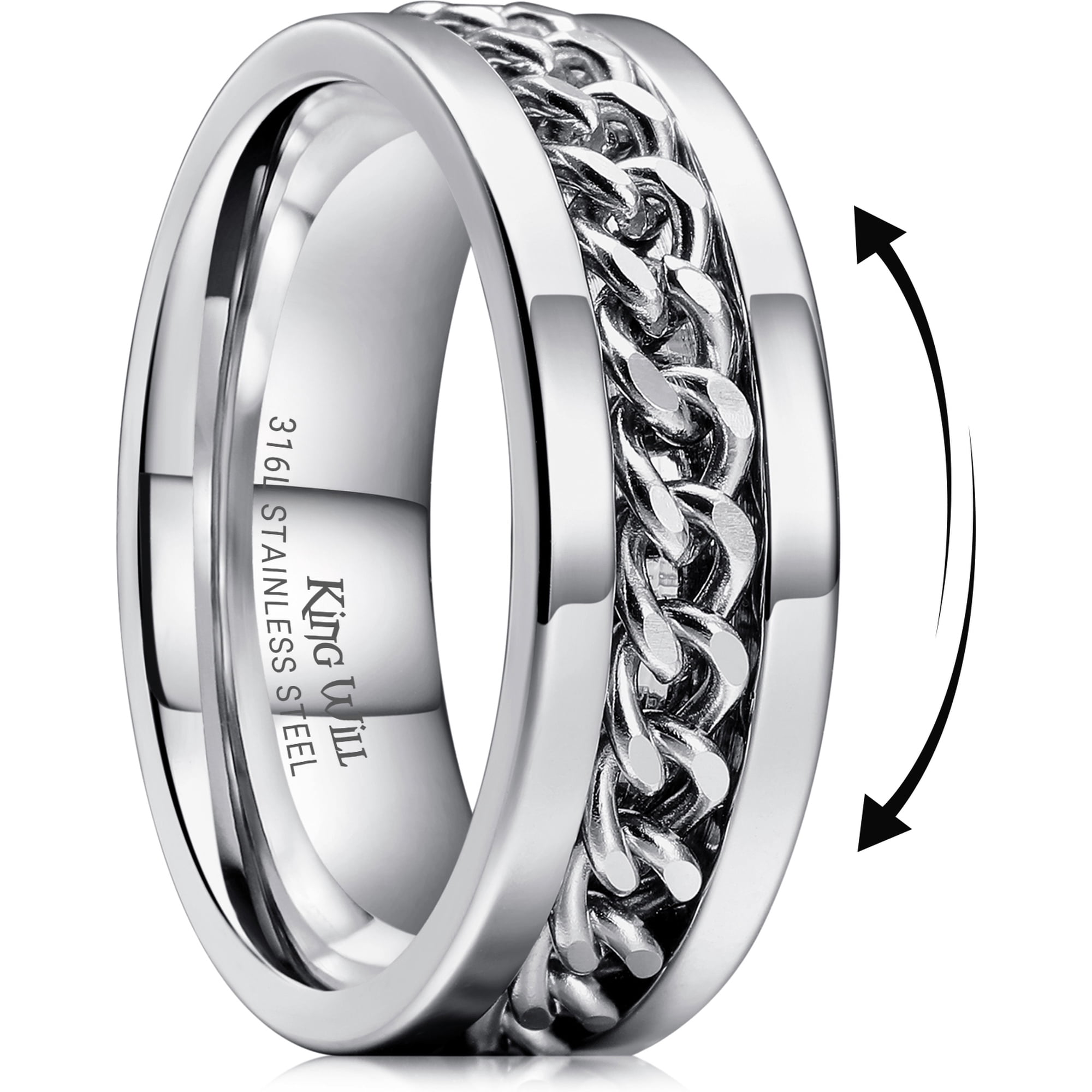 King Will Stainless Steel Men's Ring-8mm Sliver Men Chain Fidget Spinner Ring, 316L Stainless Steel Anxiety Ring for Men Women with Stress Free, Cool Wedding Band Comfort Fit Size 12