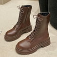 thumbnail image 4 of Brown Ladies Mid-Calf Boots With Lace-Up Detail Side Zipper Thick Sole Block Heel For Comfort, 4 of 5