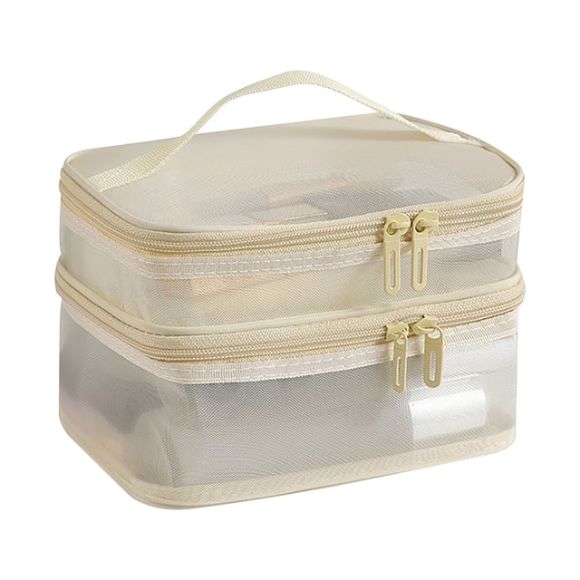 Travel Makeup Bag Double-Layer Mesh Portable Toiletries Organizer with Wide Opening and Inner Pockets for Cosmetics Brushes Lipstick Eyeshadow