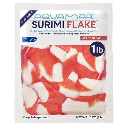 Aquamar Surimi, Flake Style Fresh Imitation, 16 oz Medium Plastic Bag. Contains 5gr of Protein per Serving.