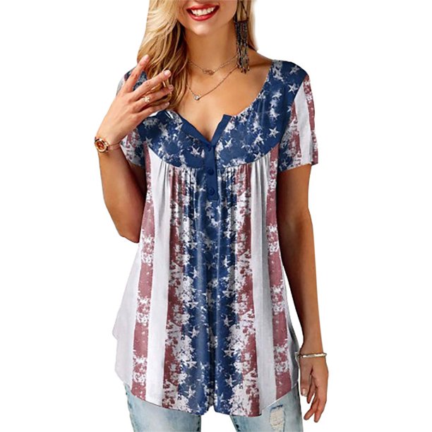Txlixc Blusa de manga corta para el día de la independencia femenina con diseño de bandera nacional Txlixc moda