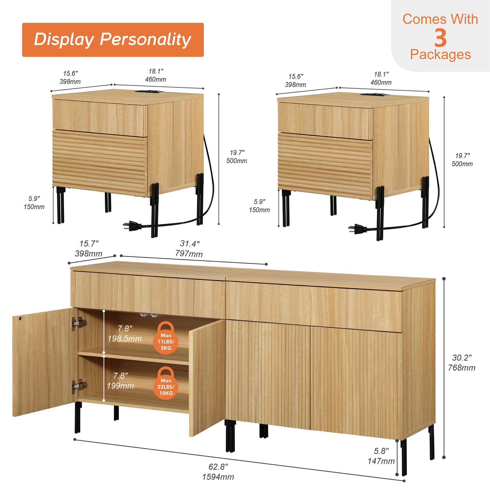 4 Pcs Bedroom Set，Wooden Dresser and Nightstand Sets for Bedroom, Reeded Dresser Set with Doors, Night Stand of 2 with Charging Station