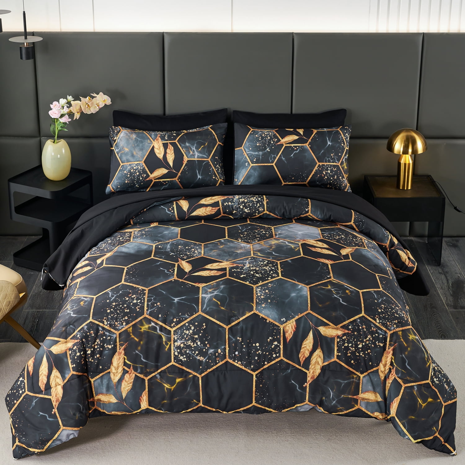RYNGHIPY 3-Piece Black Comforter Set Full Size Honeycomb Hexagon Bedding Sets Black Gold All Season Marble Bed Set Full Down Alternative (Black Full)