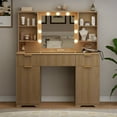 thumbnail image 3 of GIKPAL Fluted Makeup Vanity Table with Mirror and Lights, Modern Vanity Desk with Glass Top, 3 Drawers, 2 Large Cabinets & Charging Station, Natural Vanity Set for Bedroom, Women & Girls, 3 of 12
