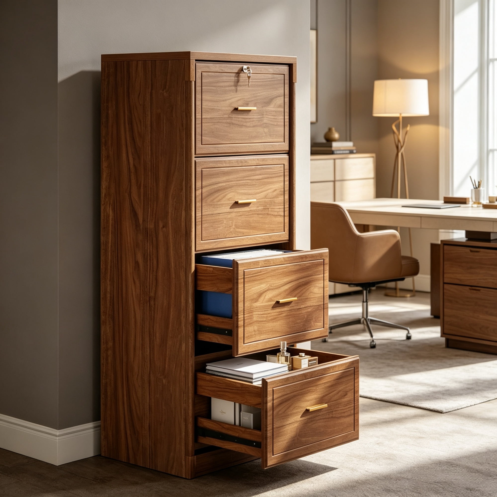 Astoutdoor Vertical File Cabinet with 4 Storage Drawers, MDF Office Filing Cabinet, 54.92 in Long