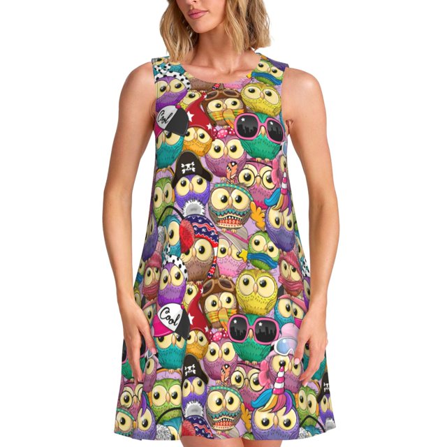 Fotbe Cute Cartoon Owls Vestido de Verano sin Mangas para Mujer – Vestido Midi Línea A, Estilo Camiseta Floral, Vestido Playero Casual y Fluido