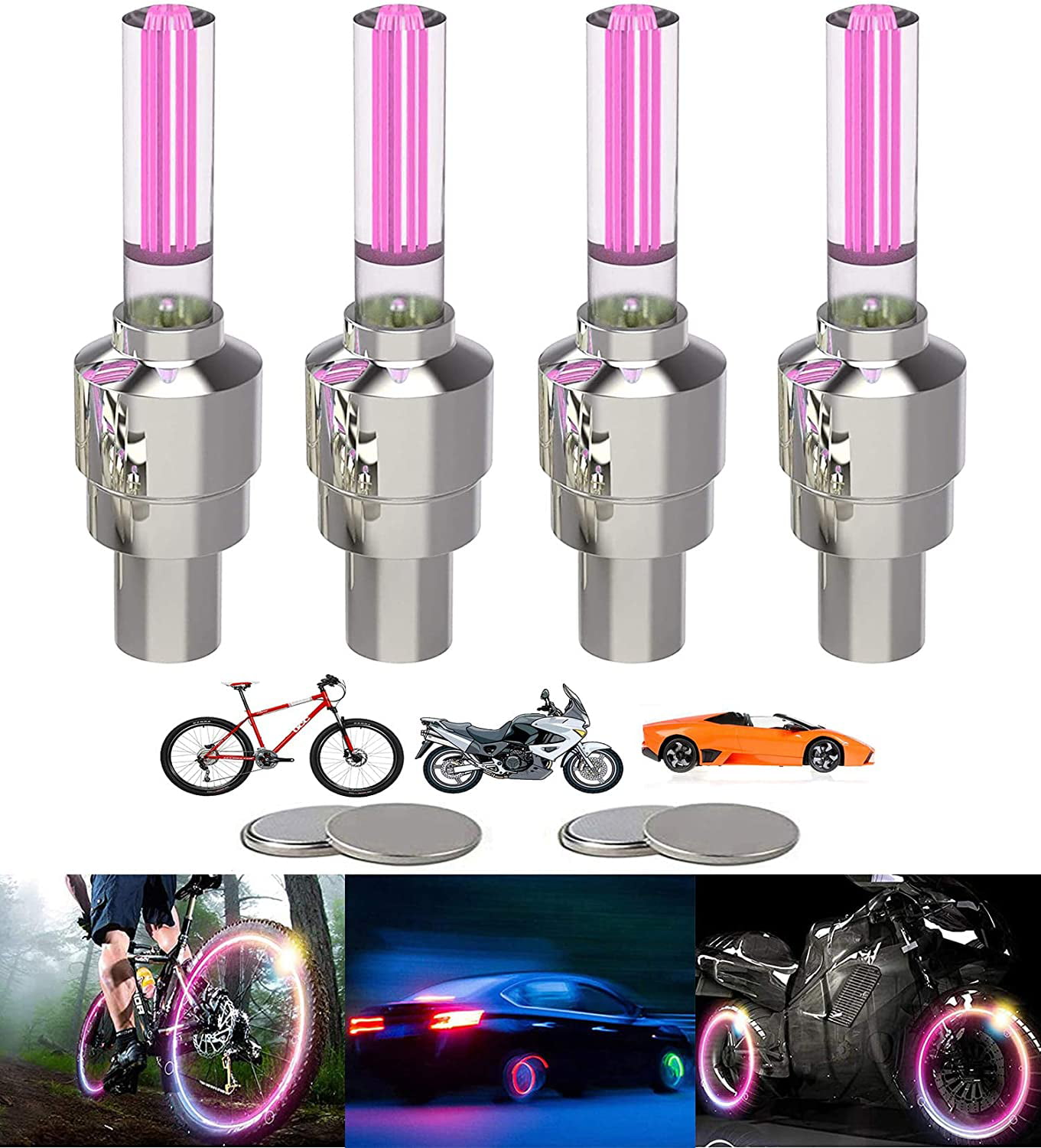 2 Pack/Set of LED Flash Tyre Wheel Valve Stem Cap Light LED Bike Wheel Lights for Car Bike Bicycle Motorbicycle Waterproof Tire Spoke Flash Lights with Extra Batteries 
