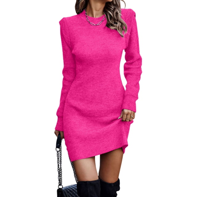 Innerwin Robe Chandail Col Rond Femme chandail-Over Chandail Hiver Manches Longues Élégante Mini Robes Rose Rouge 2TG
