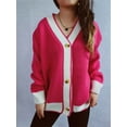 thumbnail image 6 of Women'S Contrast Color Button Down Sweater Oversized V-Neck Ribbed Knit Coat Cardigan Rose Red M, 6 of 8