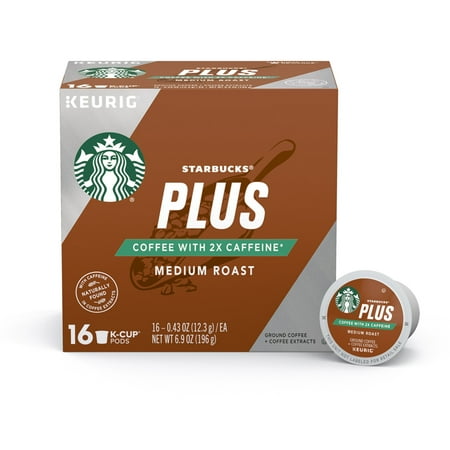 Starbucks Plus Coffee Medium Roast 2X Caffeine Single Cup Coffee for Keurig Brewers, One Box of 16 (16 Total K-Cup (Best Drinks At Starbucks With Caffeine)