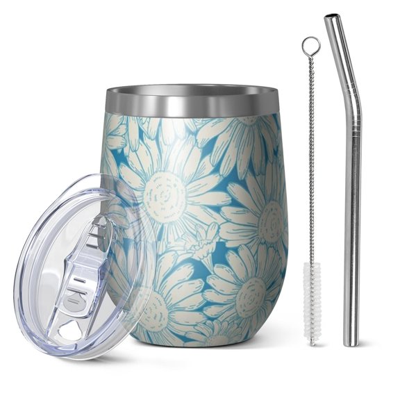 12oz Stemless Wine Tumblers Daisy Flower Pattern Vacuum Insulated Stainless Steel Travel Tumbler Cups Mug with Lid and Straw for Champaign,Cocktail,Beer with Cleaning Brush