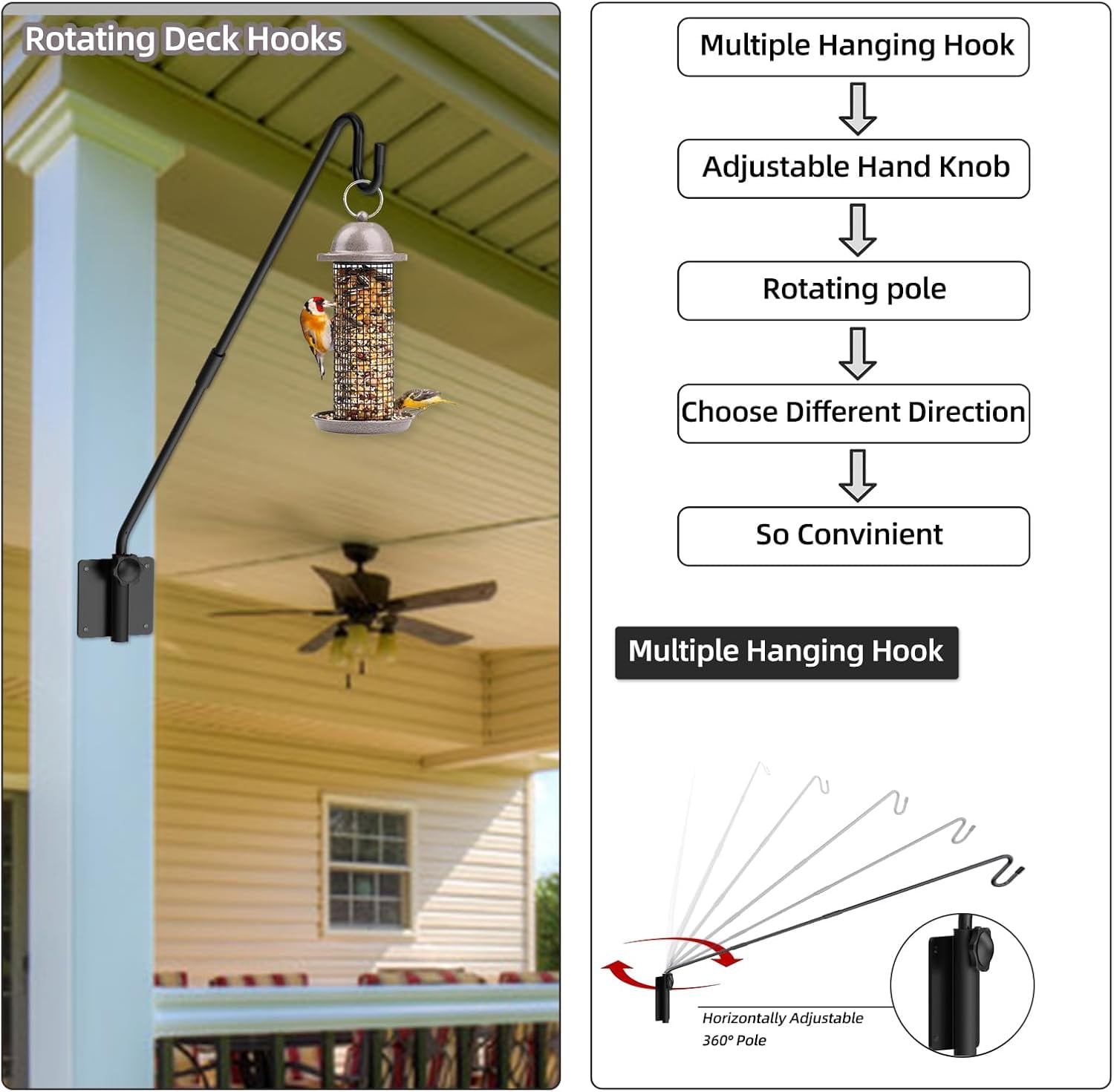 Deck Hook Wall Mounted - Heavy Duty Metal Shepherds Bracket for Outdoor Plant Hanger, Bird Feeder Hooks, Flower Baskets, Lanterns 360° Rotating Pole, Extended Arm