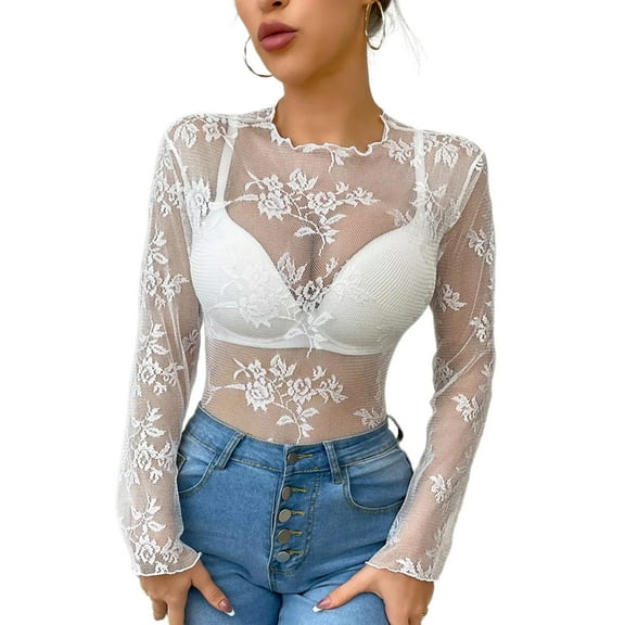 URTERYSER Long Sleeve Mock Neck Floral Lace Top 90s Solid Color Fitted T-Shirt for Women Party Club Night Sheer Mesh Blouse White
