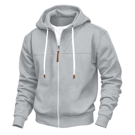 GUZOM Mens Gray Zip Up Hoodie Lightweight Fleece Lined Full Zip Casual Jacket with Pockets,Size 3XL