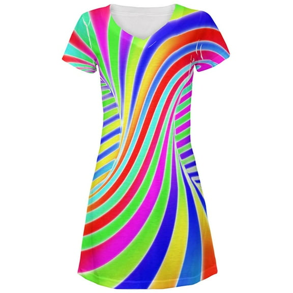 Rainbow Trippy Swirl All Over Juniors Beach Cover-Up Dress Multi LG